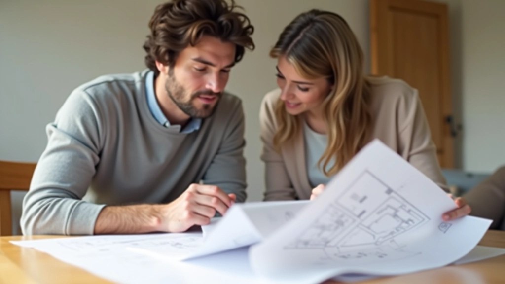 Couple regardant des plans d'une maison avec documents financiers et calculatrice sur table