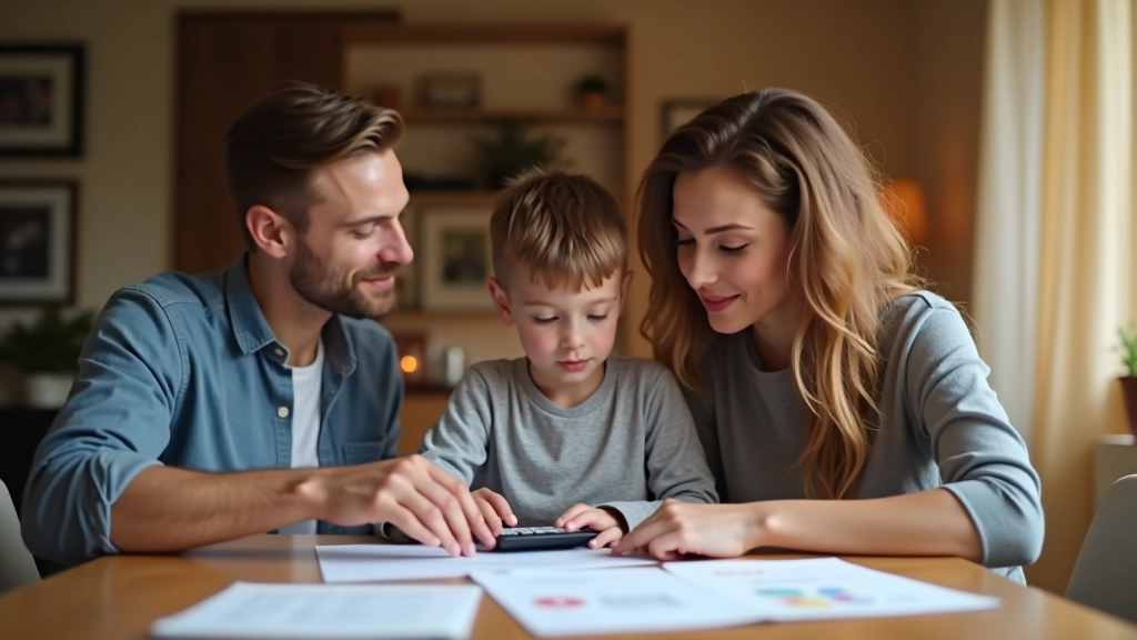 Famille autour d'une table avec documents financiers et calculatrice, planification budgétaire éducation