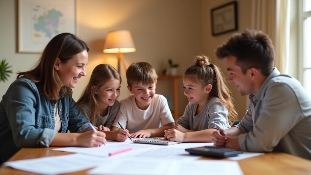 Famille autour d'une table avec documents financiers et calculatrice, planification budgétaire pour l'éducation