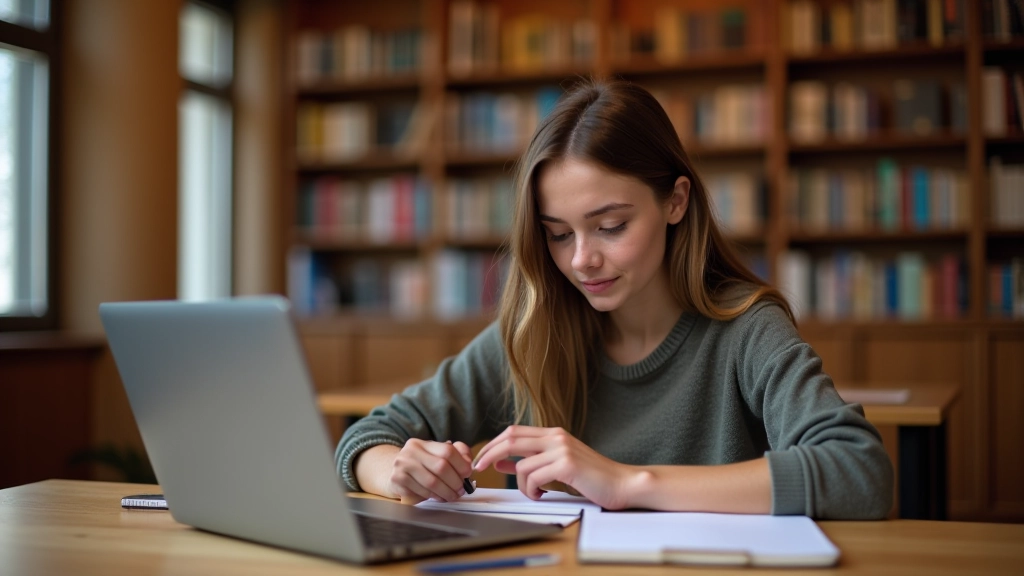 Étudiante à la bibliothèque avec dossier de candidature pour bourse d'études, documents administratifs
