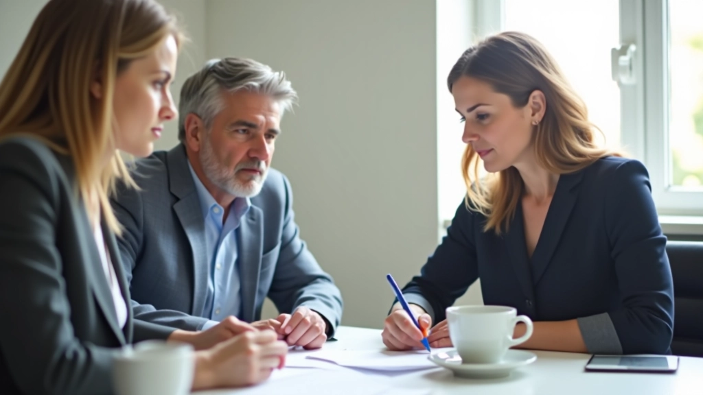 Parents discutant avec conseiller financier autour de budget universitaire, frais de scolarité