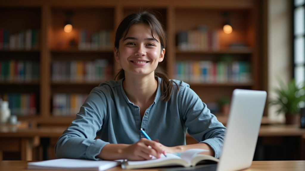 Étudiant dans une bibliothèque universitaire, travaillant sur son ordinateur portable avec des livres autour