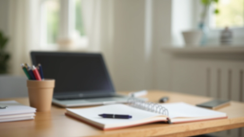 Bureau d'étudiant avec ordinateur portable, cahiers, stylos et tasse de café sur un petit bureau